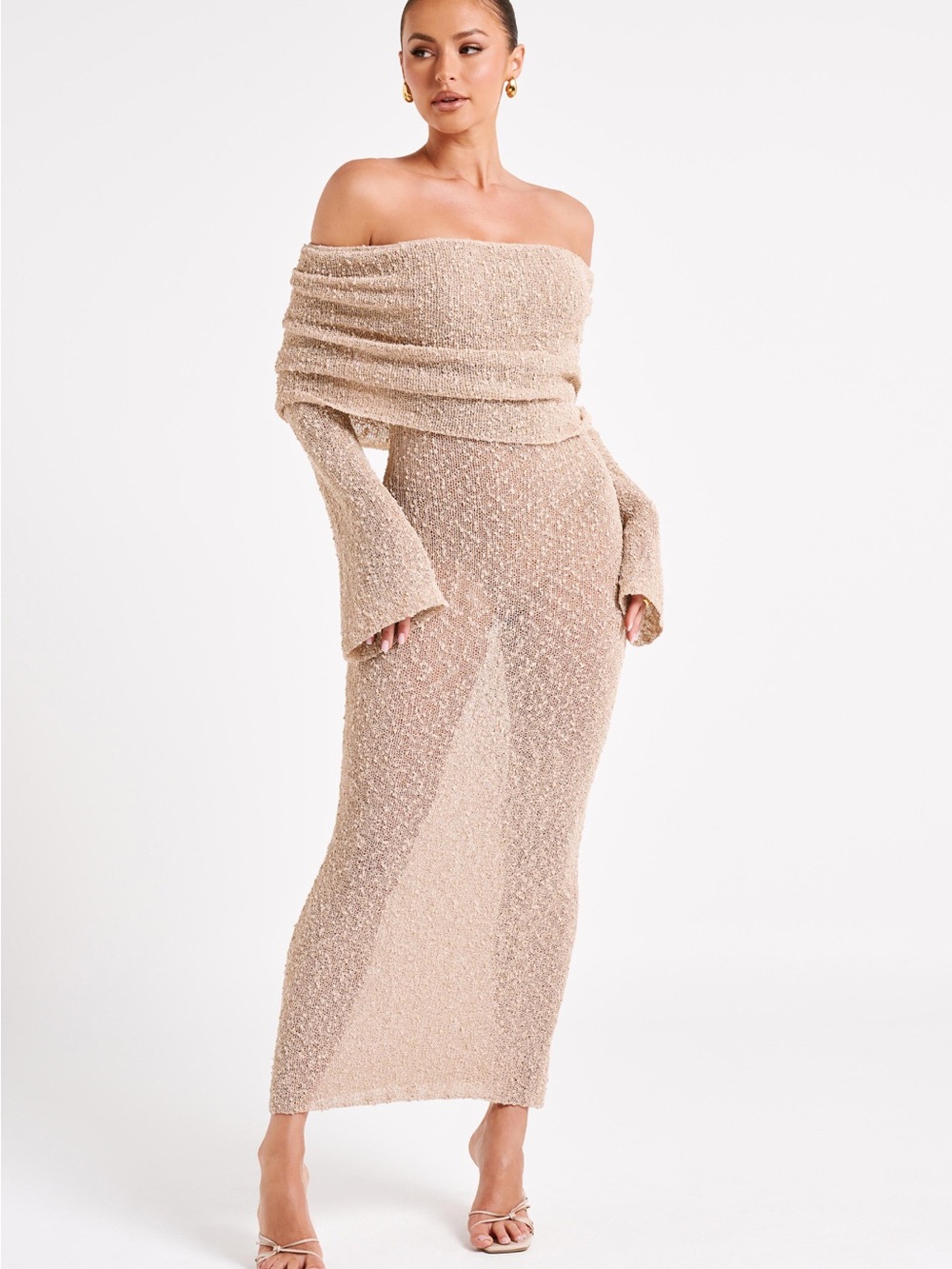 Meshki Beige Off-Shoulder Maxi Dress